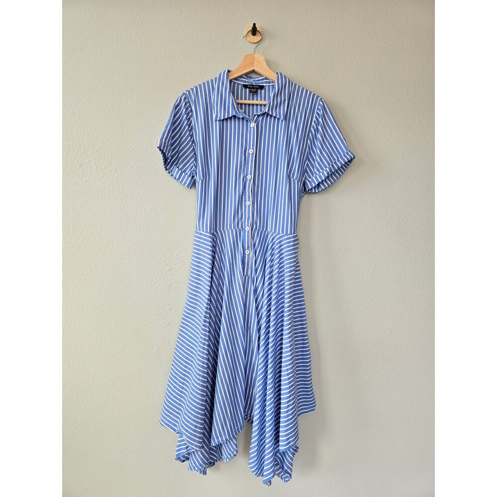 Ivy Blu Blue White Stripe Cotton Shirt Dress Belted High Low Size 14 Summer - Picture 2 of 9
